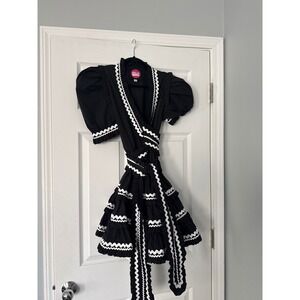 Celia Black Puff Sleeve Ruffle Trim Wrap Dress XS